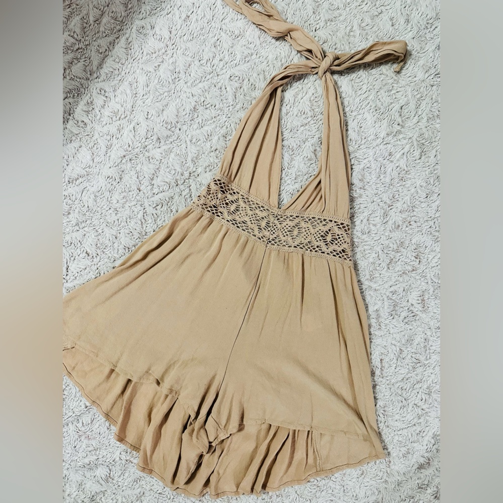 Beige Halter Romper with Lace Detail